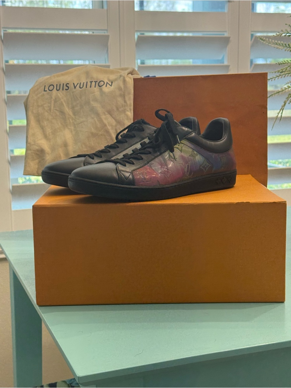 Louis Vuitton Men’s Black Leather Low-Top Sneakers with Multicolor Monogram